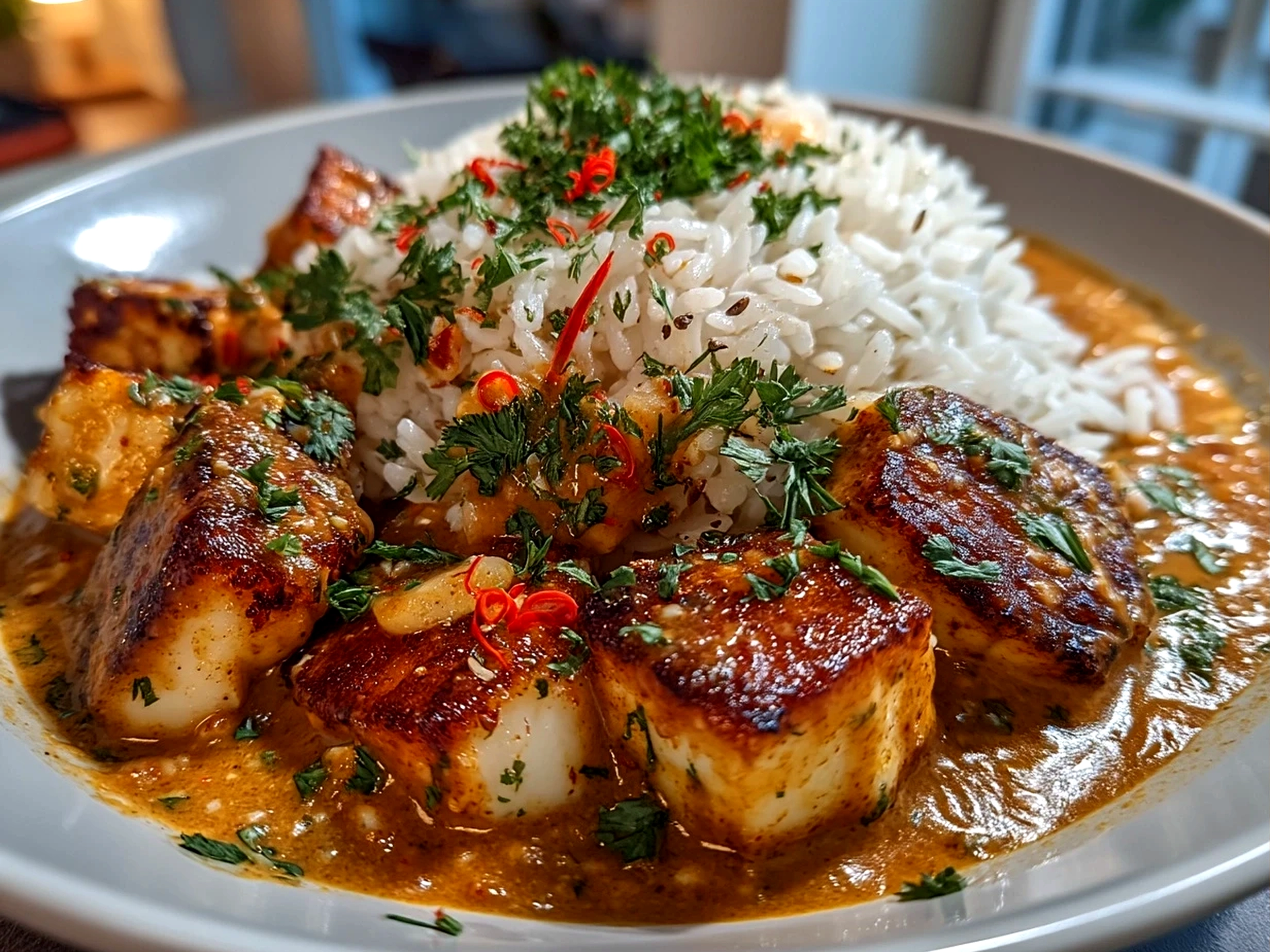 Creamy peanut sauce served in a small bowl with fresh herbs garnish