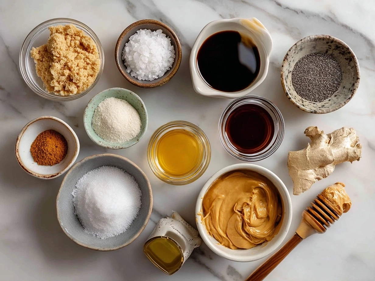 Ingredients for making peanut sauce laid out on a counter