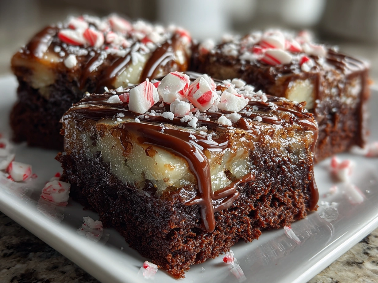 Finished Peppermint Bark Brownies with white and dark chocolate swirls and crushed peppermint topping