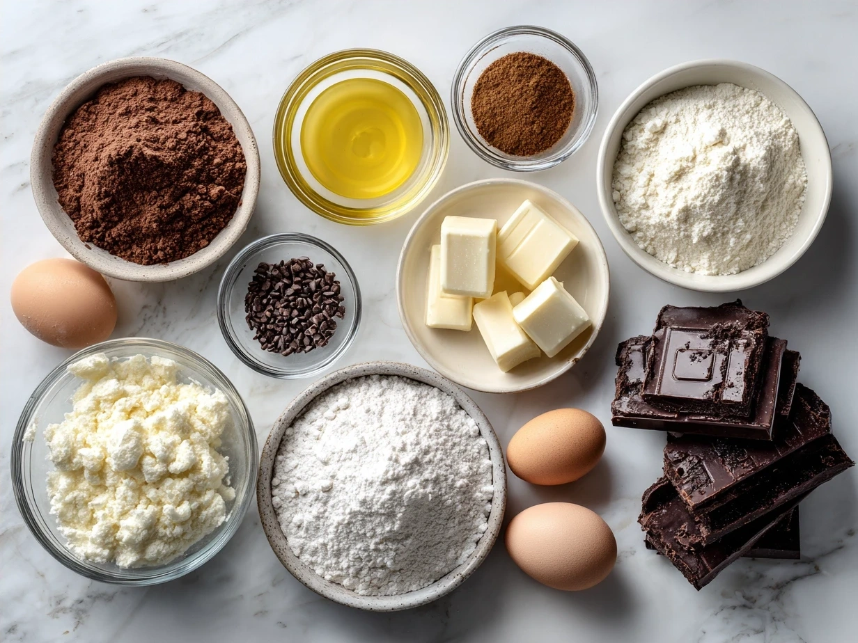 Ingredients for Peppermint Bark Brownies including butter, sugar, eggs, chocolate chips, cocoa powder, peppermint candies