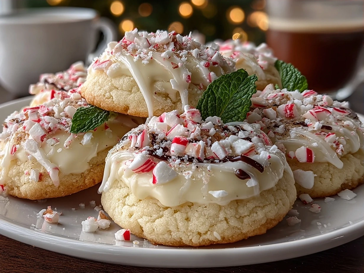 Freshly baked Peppermint Meltaway Cookies on a festive plate
