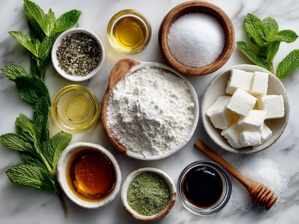Ingredients for Peppermint Meltaway Cookies including butter, powdered sugar, peppermint extract, flour, salt, and crushed peppermint candies
