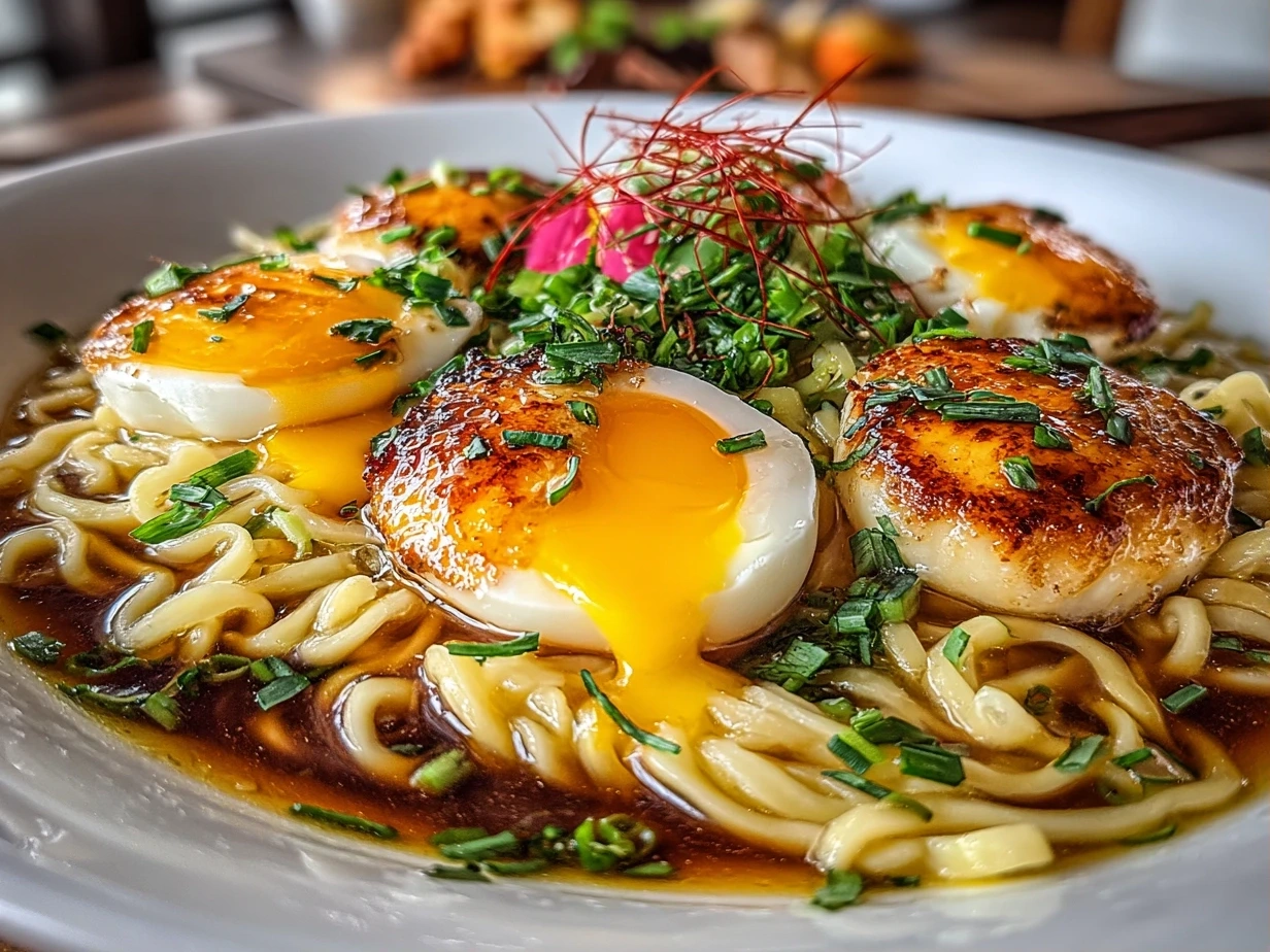 Close-up of a perfectly marinated Ramen egg with a jammy yolk.