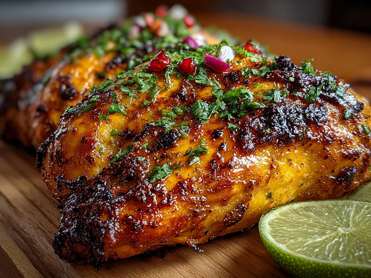 Finished Peruvian-Style Roast Chicken beautifully plated with chimichurri sauce