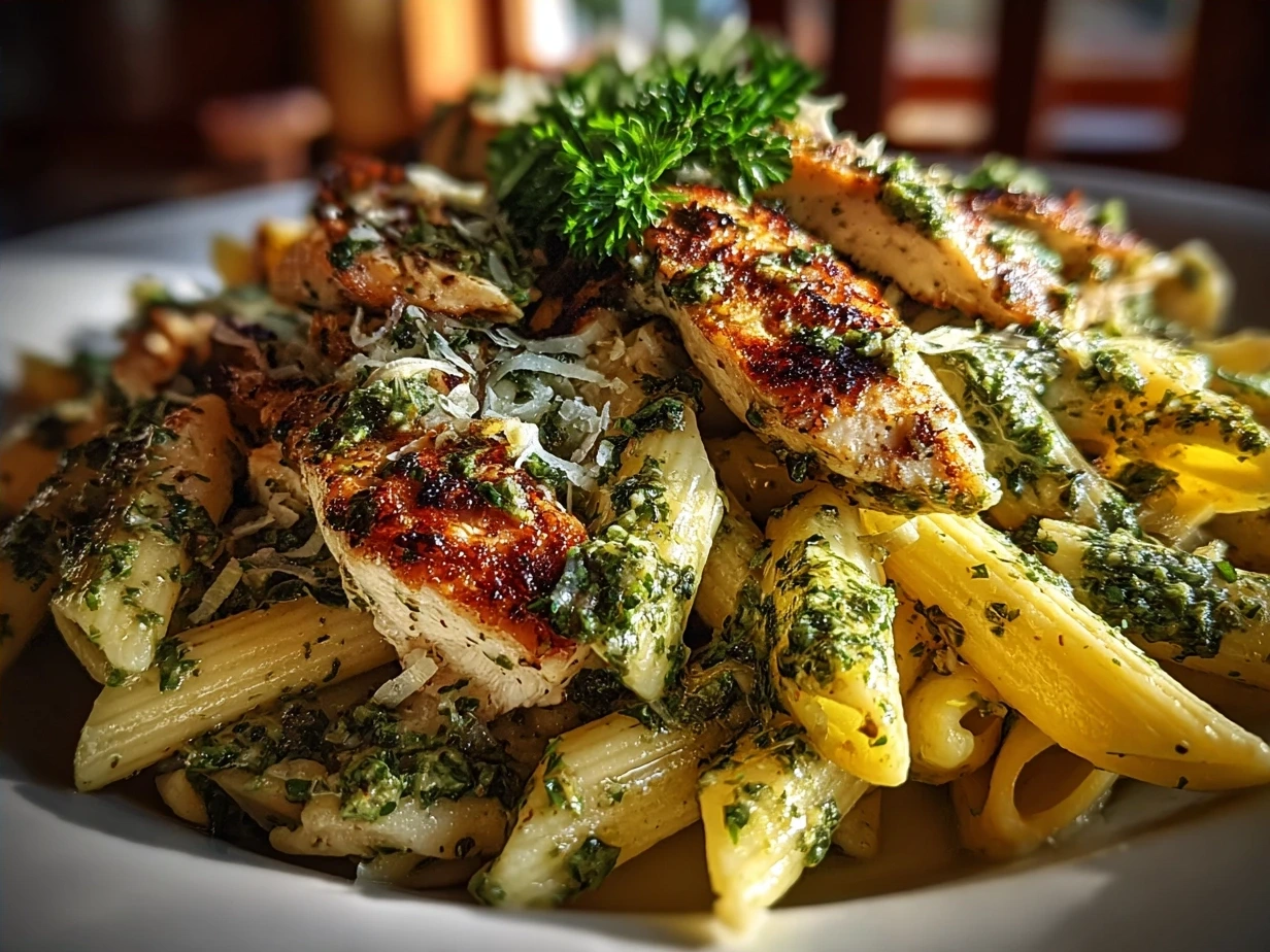 Serving suggestion of creamy pesto chicken pasta with cherry tomatoes and parmesan