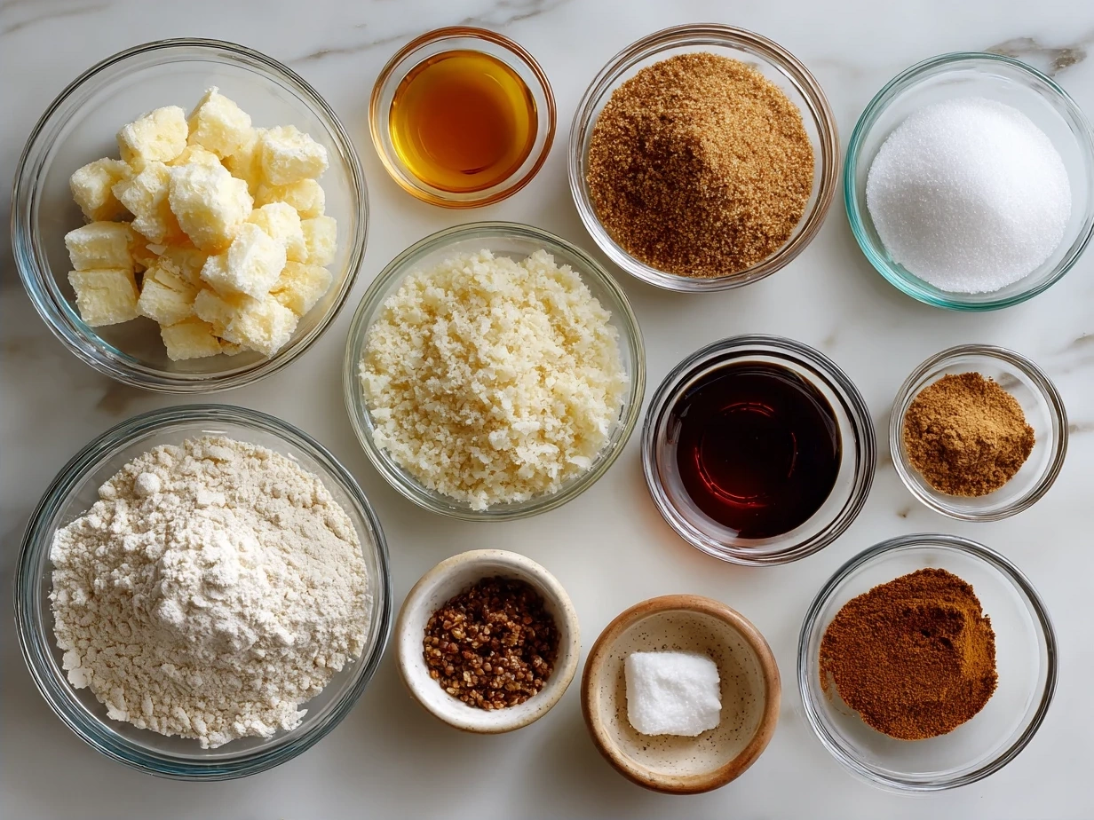 Ingredients for Pineapple Cowboy Candy: chopped pineapple, jalapenos, ginger, turmeric, sugar, vinegar and spices in bowls