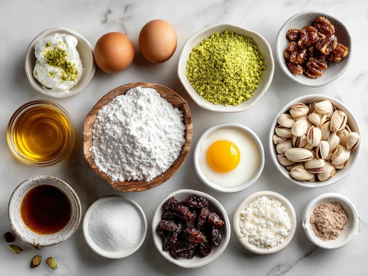 Ingredients laid out for Pistachio Lush Dessert including pecans, crescent rolls, cream cheese, pistachio pudding mix, and whipped topping