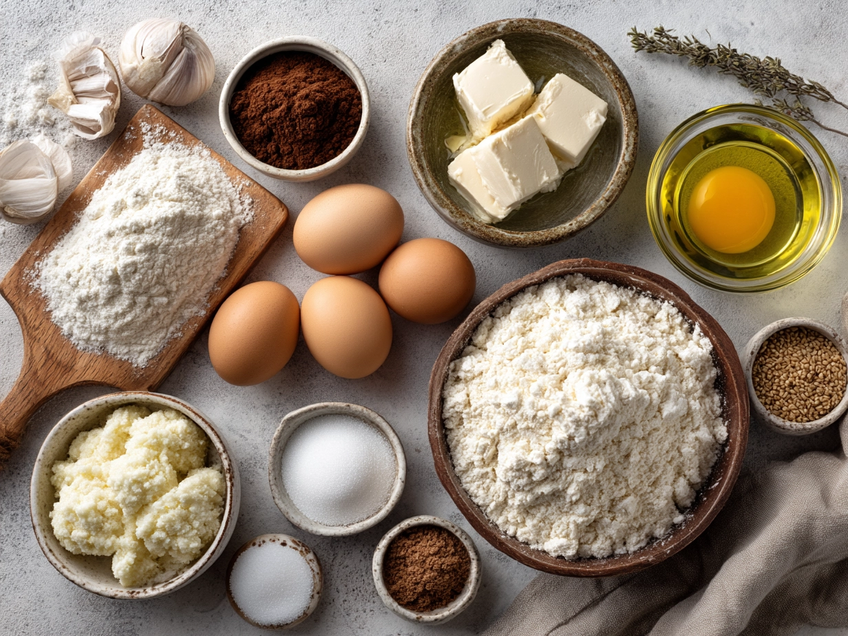 Ingredients for Polish Sernik including cream cheese, eggs, sour cream, and lemon zest.