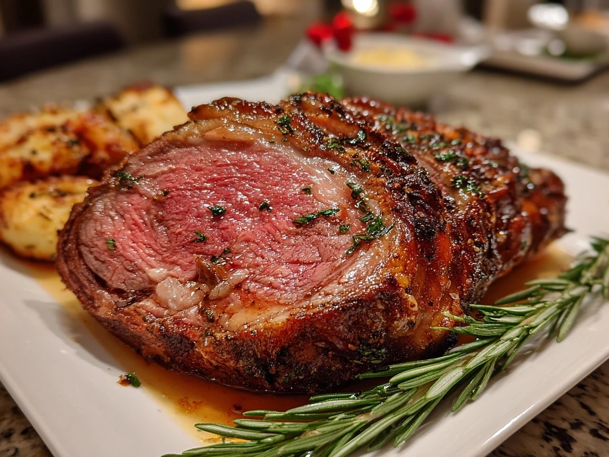 Perfectly cooked and beautifully sliced prime rib roast ready to serve