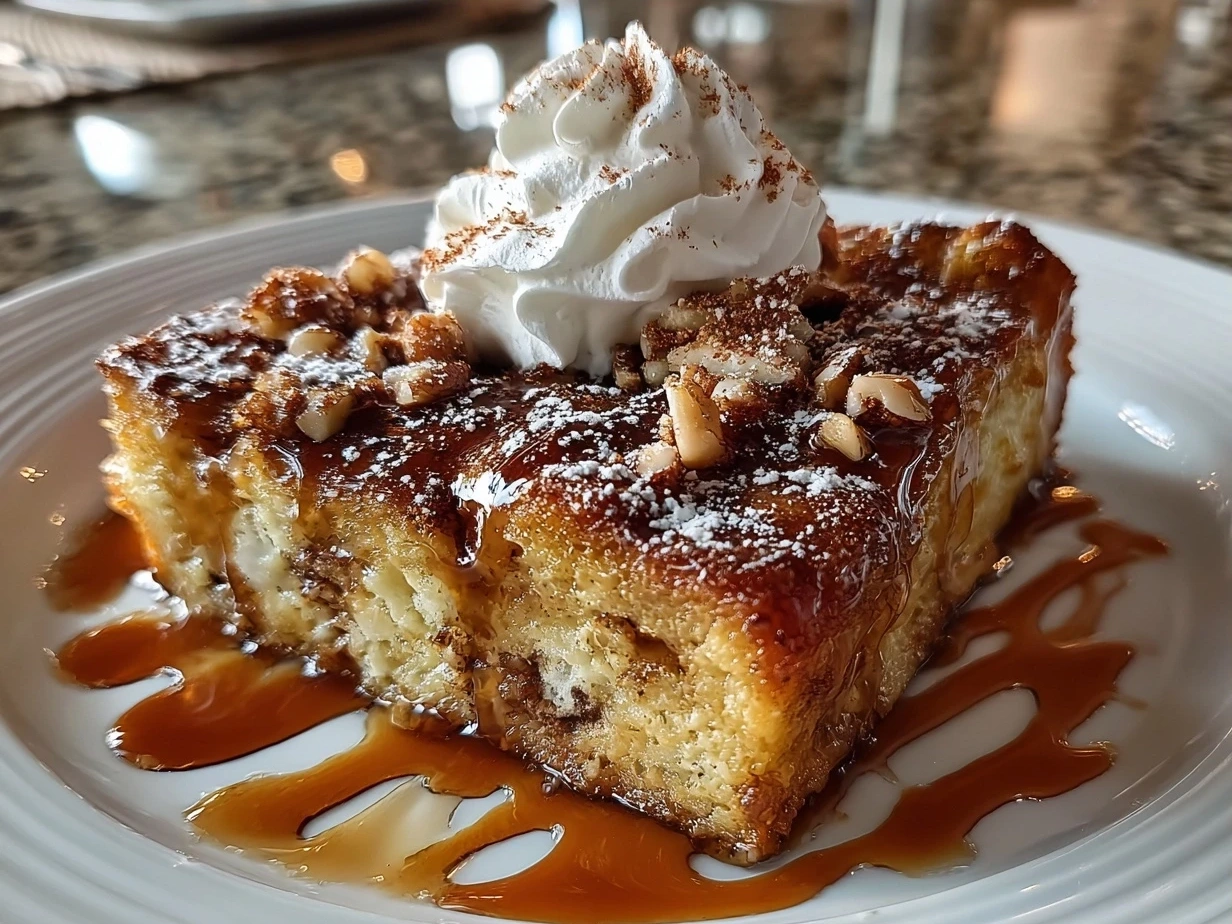 Delicious Pumpkin Spice French Toast Casserole served warm on a rustic wooden table