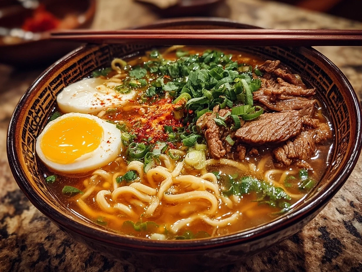 A delicious bowl of ramen noodle soup garnished with chashu pork, soft-boiled egg, green onions and mushrooms