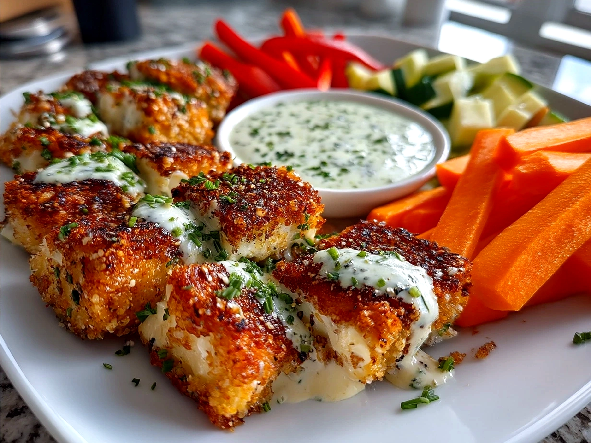 Homemade ranch dressing served in bowl with fresh vegetables for dipping