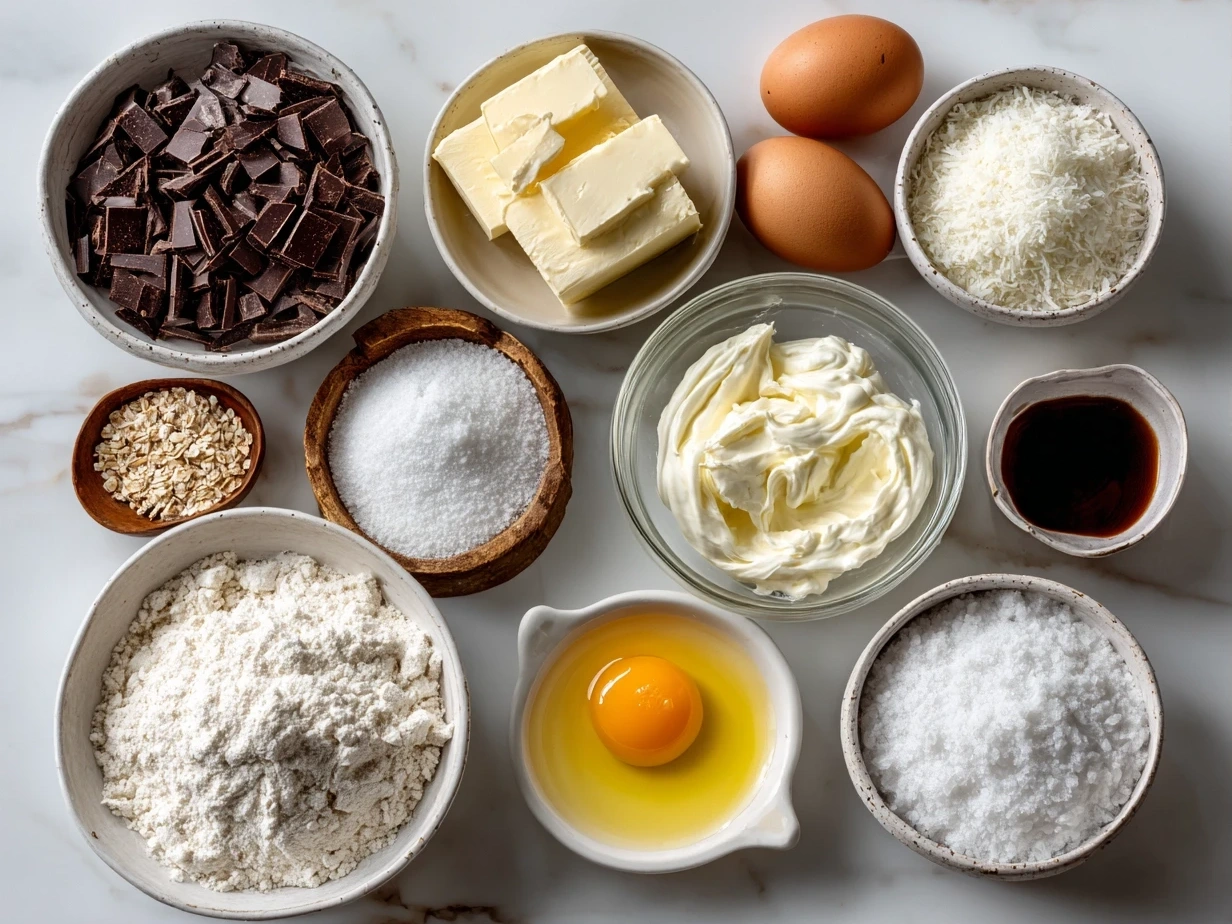 Raw ingredients for Copycat Little Debbie Valentine Cakes laid out on a wooden table