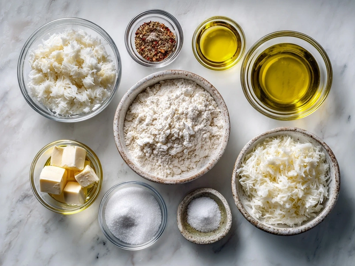 Raw ingredients for making crab dip, including cream cheese, mayonnaise, crab meat, and spices.