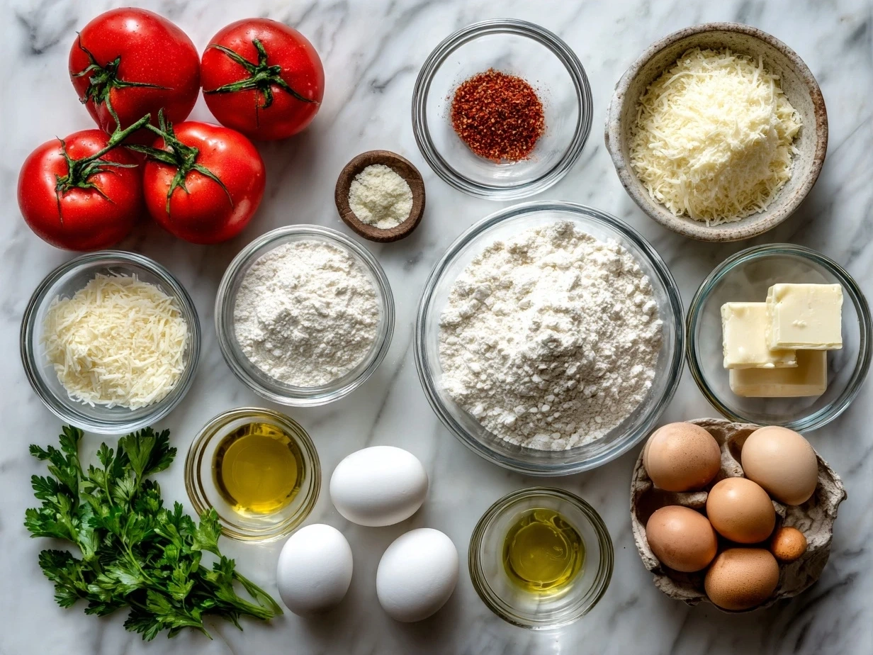 Ingredients for Garlic Parmesan Focaccia Bread including flour, yeast, salt, water, olive oil, garlic, Parmesan cheese, and parsley
