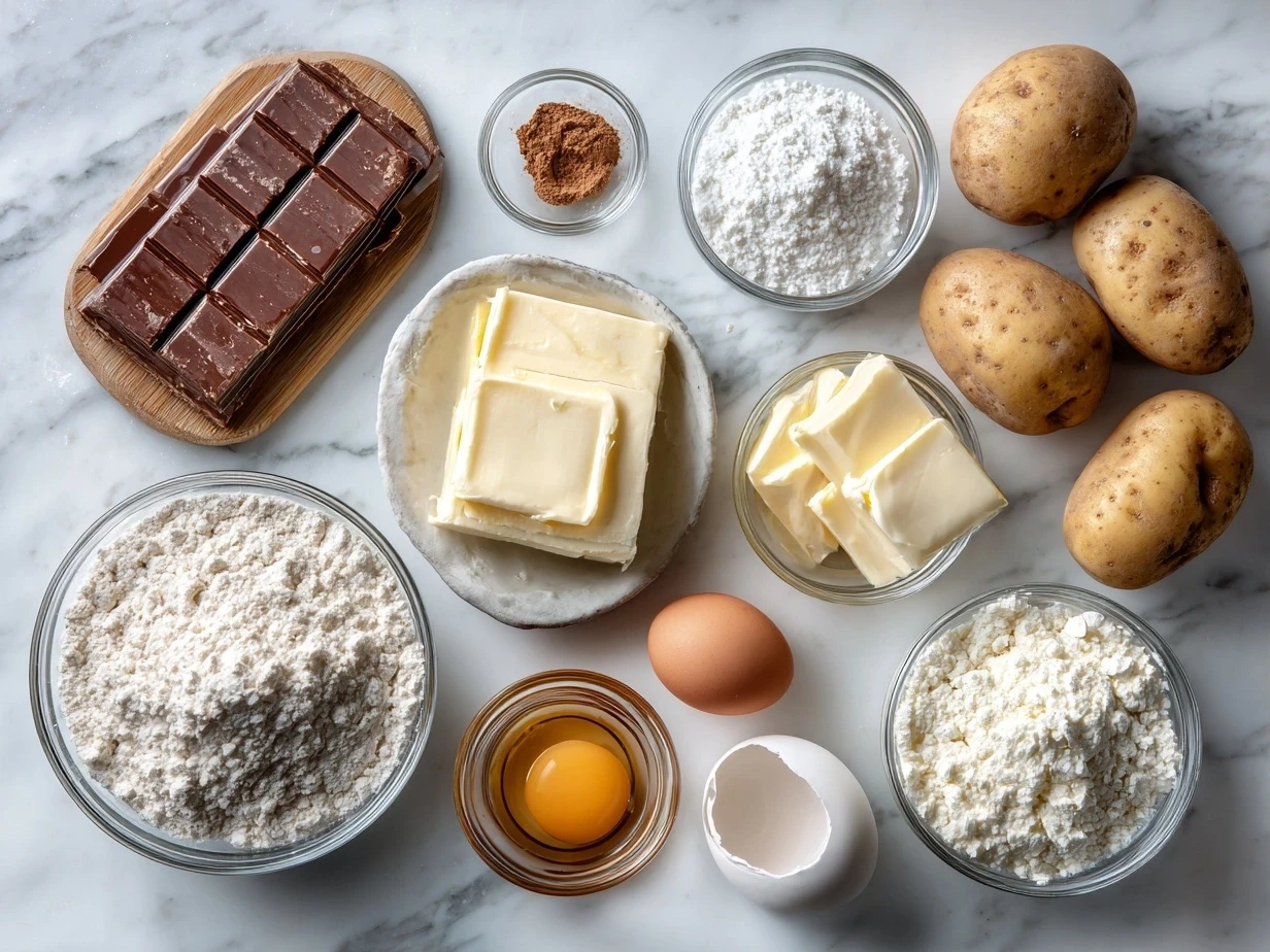 Ingredients for loaded baked potatoes: russet potatoes, olive oil, salt, pepper, bacon, cheddar cheese, sour cream, and chives.