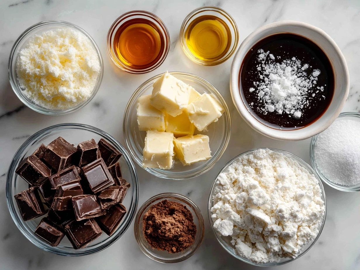 Ingredients for making Triple Chocolate Pie: graham cracker crust, bittersweet, milk and white chocolate, heavy cream, sugar, butter, vanilla, and salt