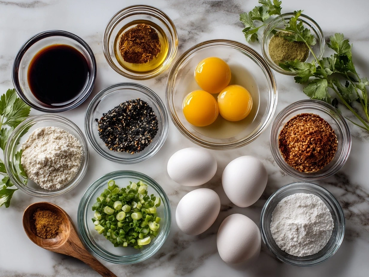 Ingredients for making Ramen Eggs including eggs, soy sauce, mirin, sake, brown sugar, water, and rice vinegar.