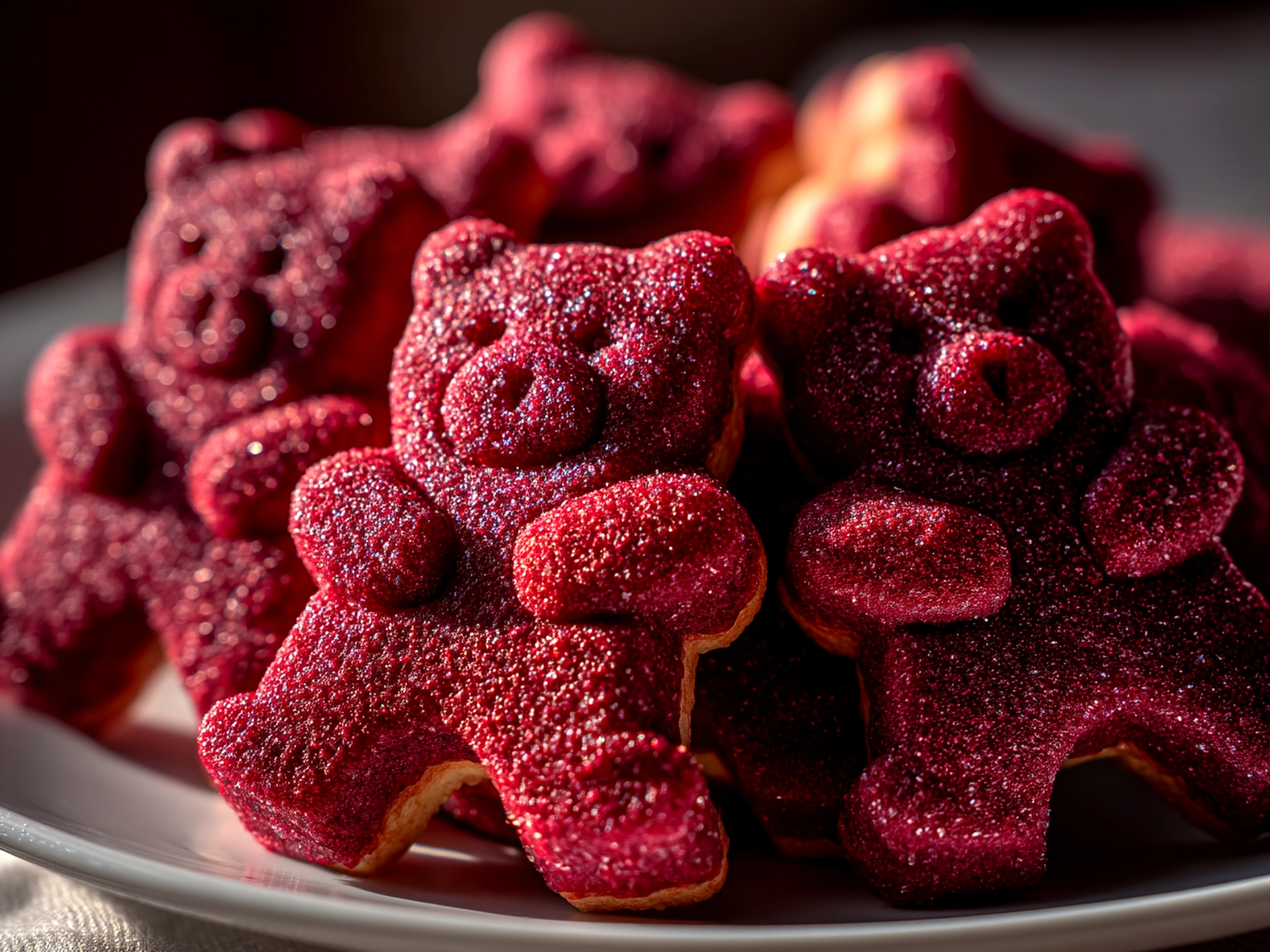 Platter of frosted Red Velvet Bear Cookies ready to serve