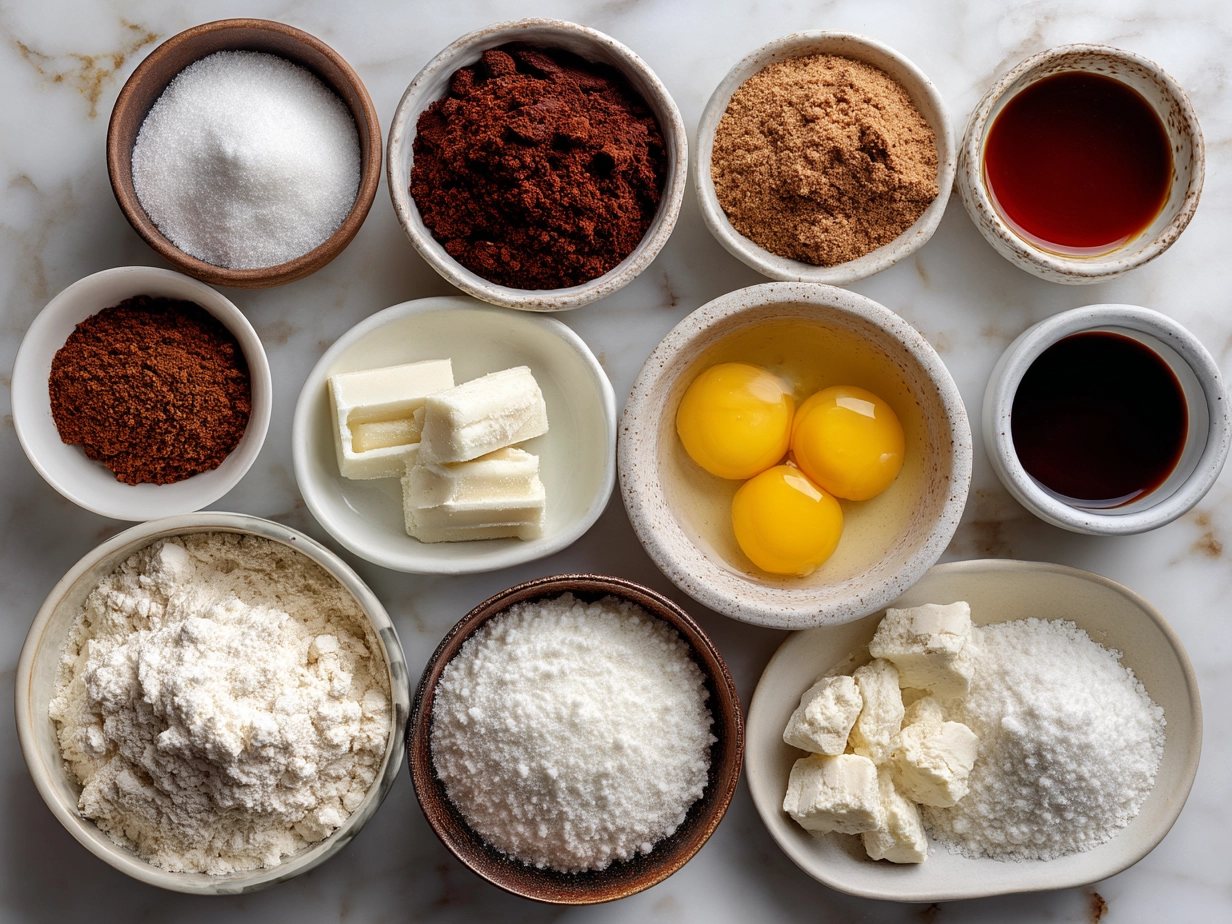 Ingredients for Red Velvet Bear Cookies laid out in bowls