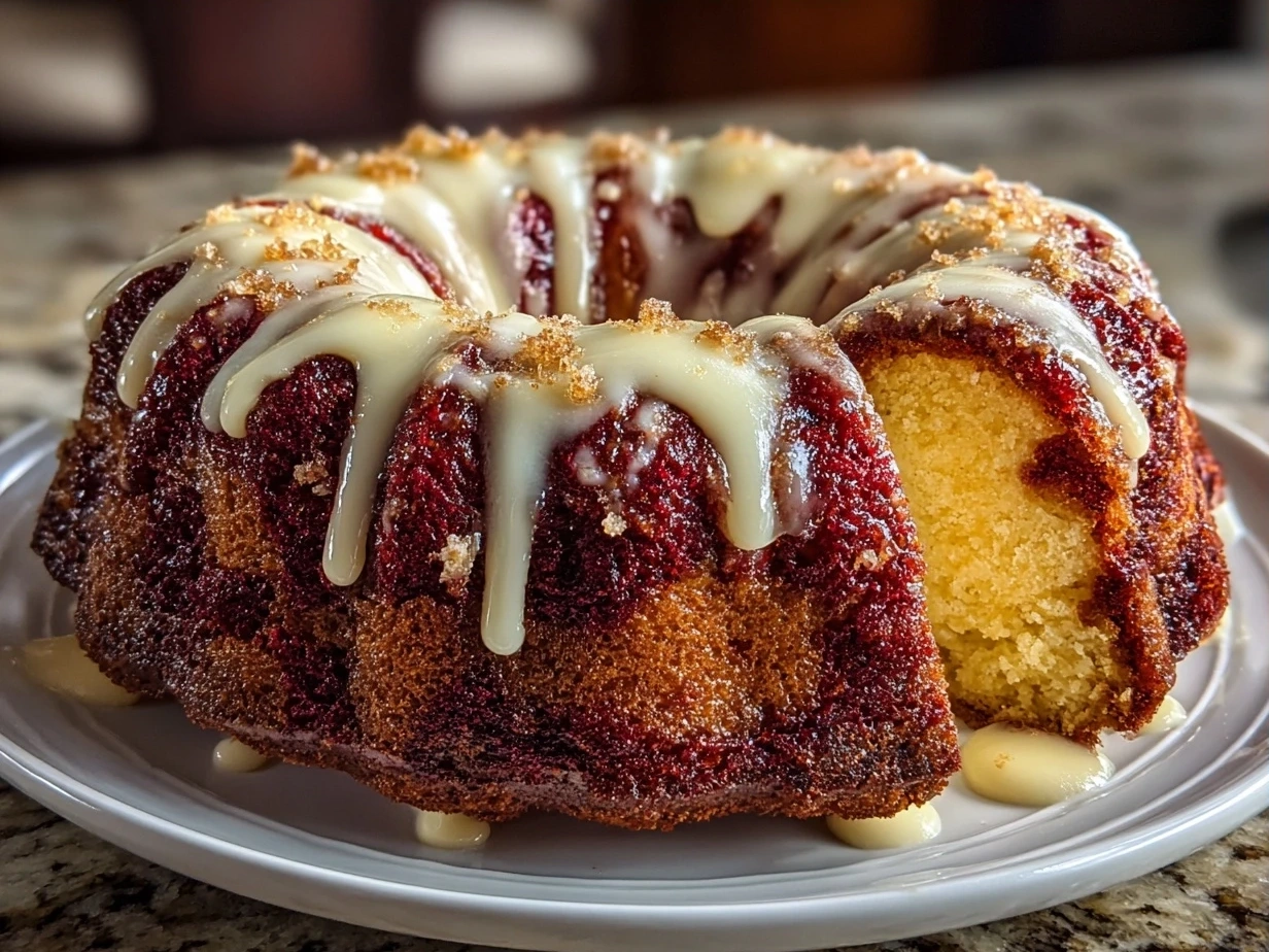 Freshly baked Red Velvet Cream Cheese Bundt Cake with a slice cut out on a serving plate
