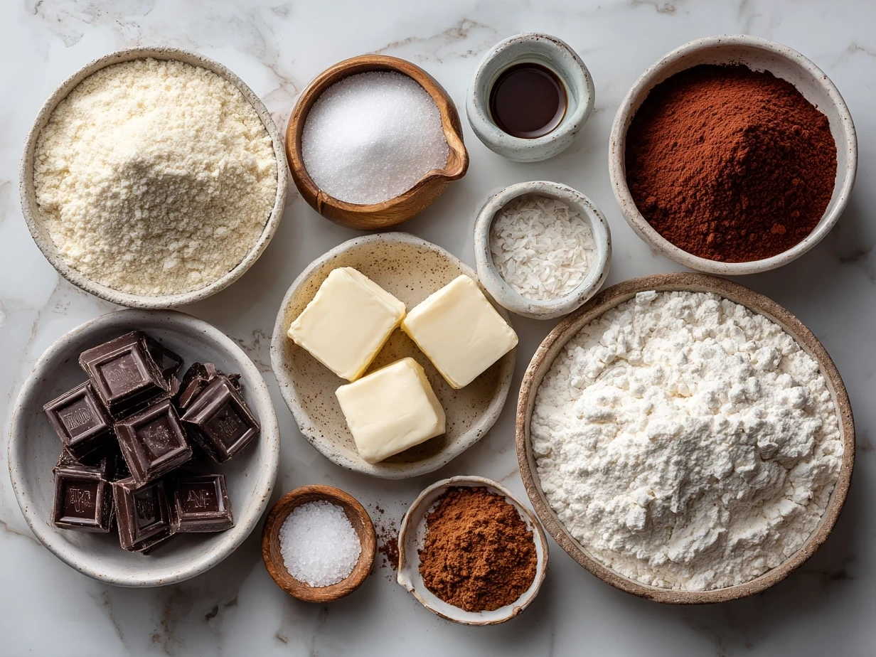 Ingredients for Red Velvet Sugar Cookies including flour, cocoa powder, butter, sugar, eggs, and cream cheese frosting components