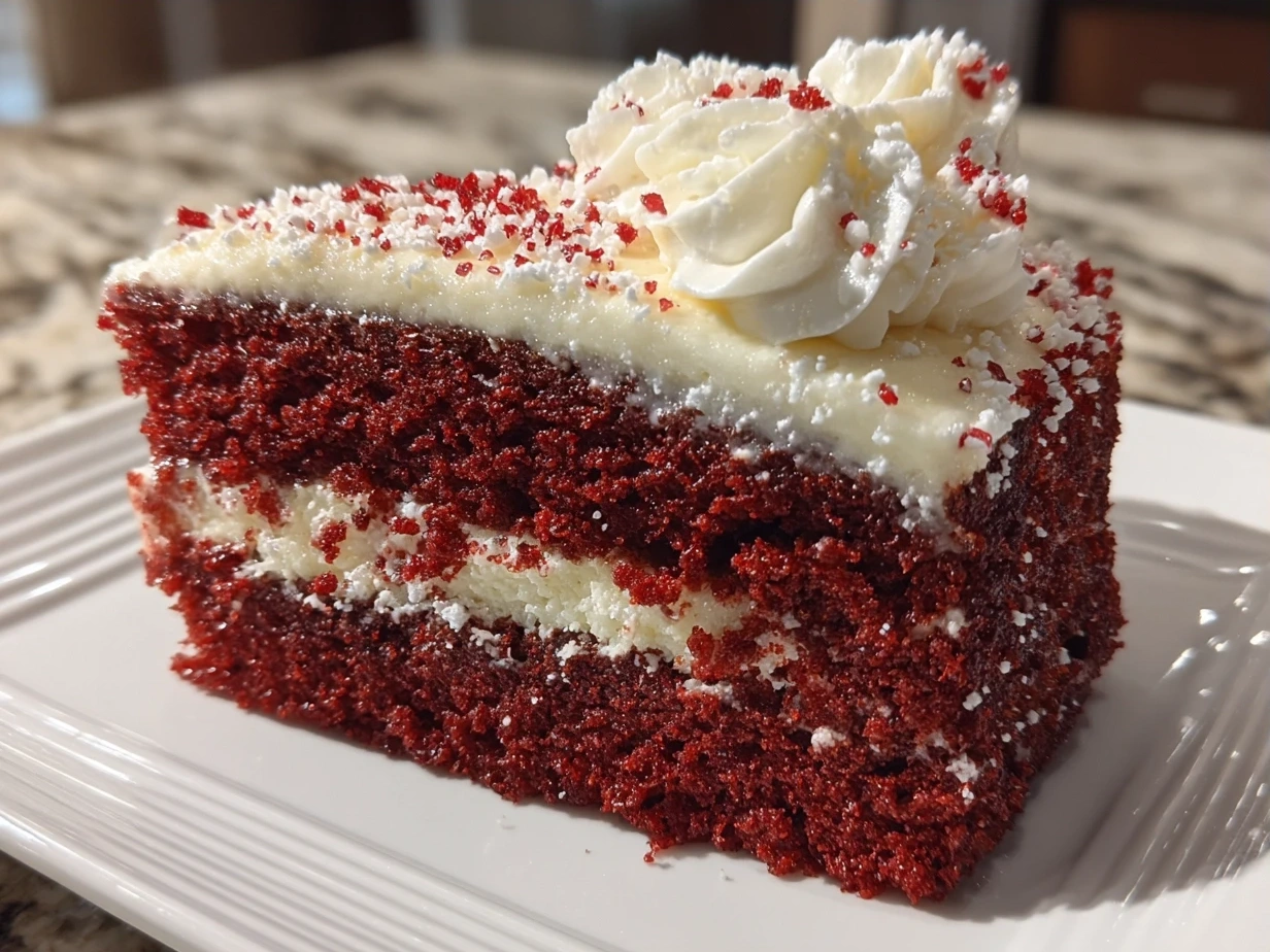 Final beautifully frosted Red Velvet Valentines Day Cake on a serving plate