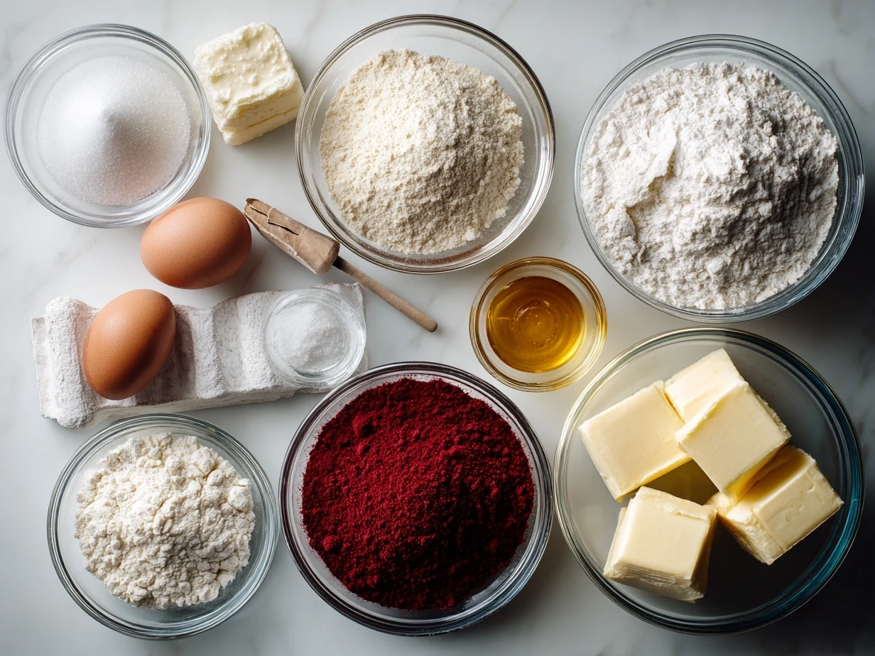 Ingredients laid out for Red Velvet Valentines Day Cake Recipe