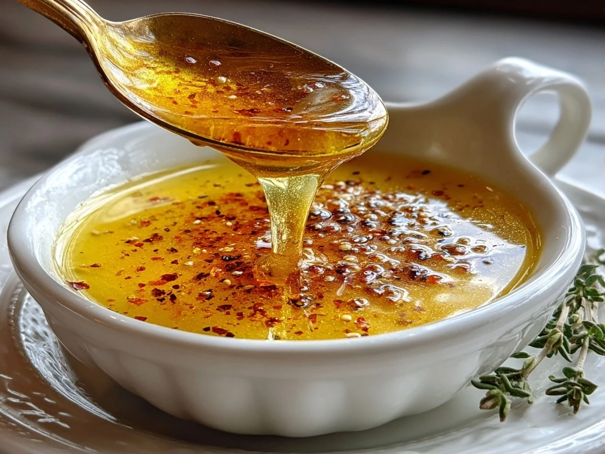 Rich homemade lemon vinaigrette in a clear glass bottle, with fresh lemons in the background.