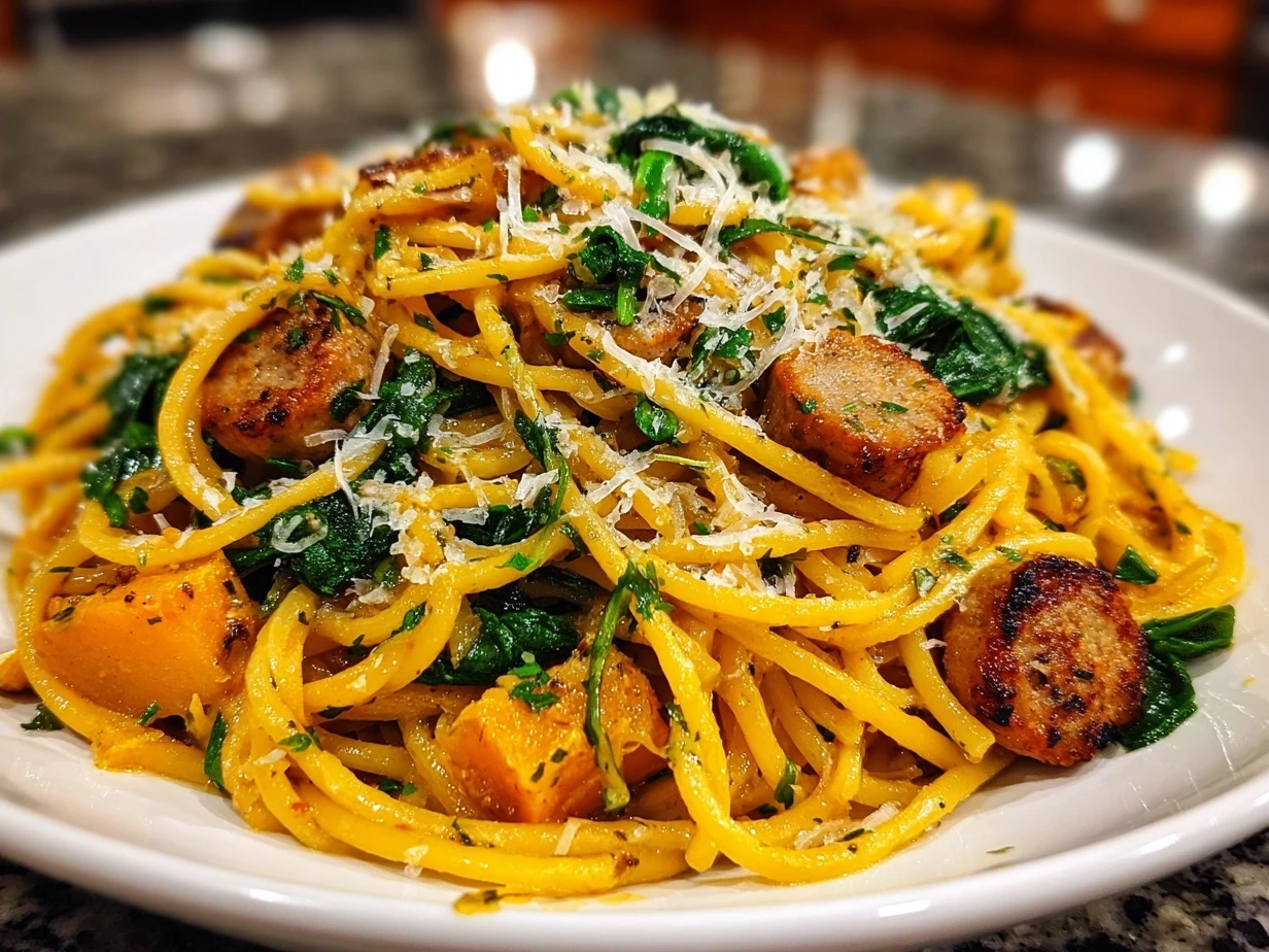 Serving of Roasted Butternut Squash Pasta with Sausage and Spinach in a warm bowl, garnished with Parmesan and fresh sage leaves