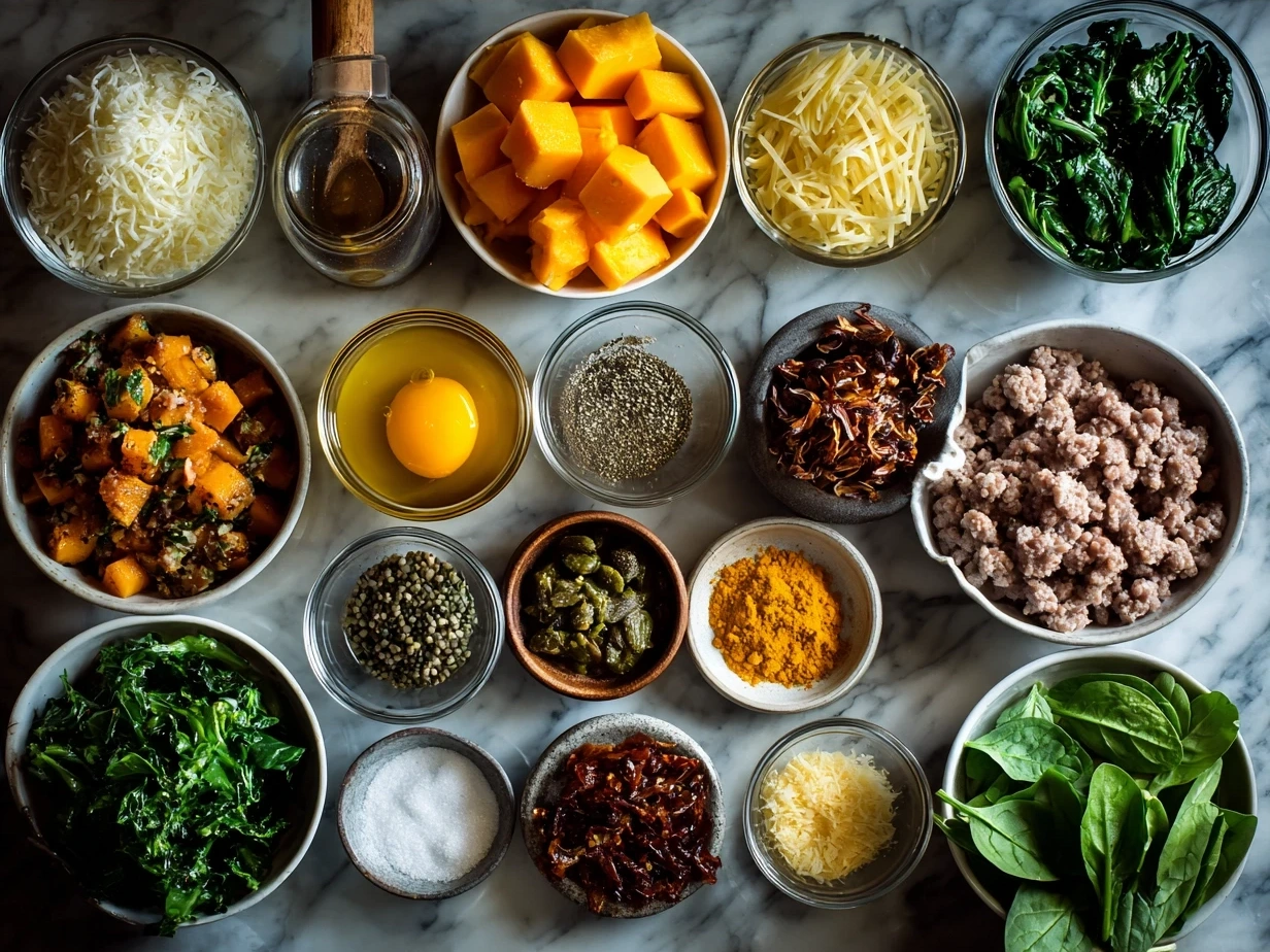 Ingredients for Roasted Butternut Squash Pasta with Sausage and Spinach including butternut squash, Italian sausage, baby spinach, pasta, garlic, onion, olive oil, Parmesan cheese, and herbs