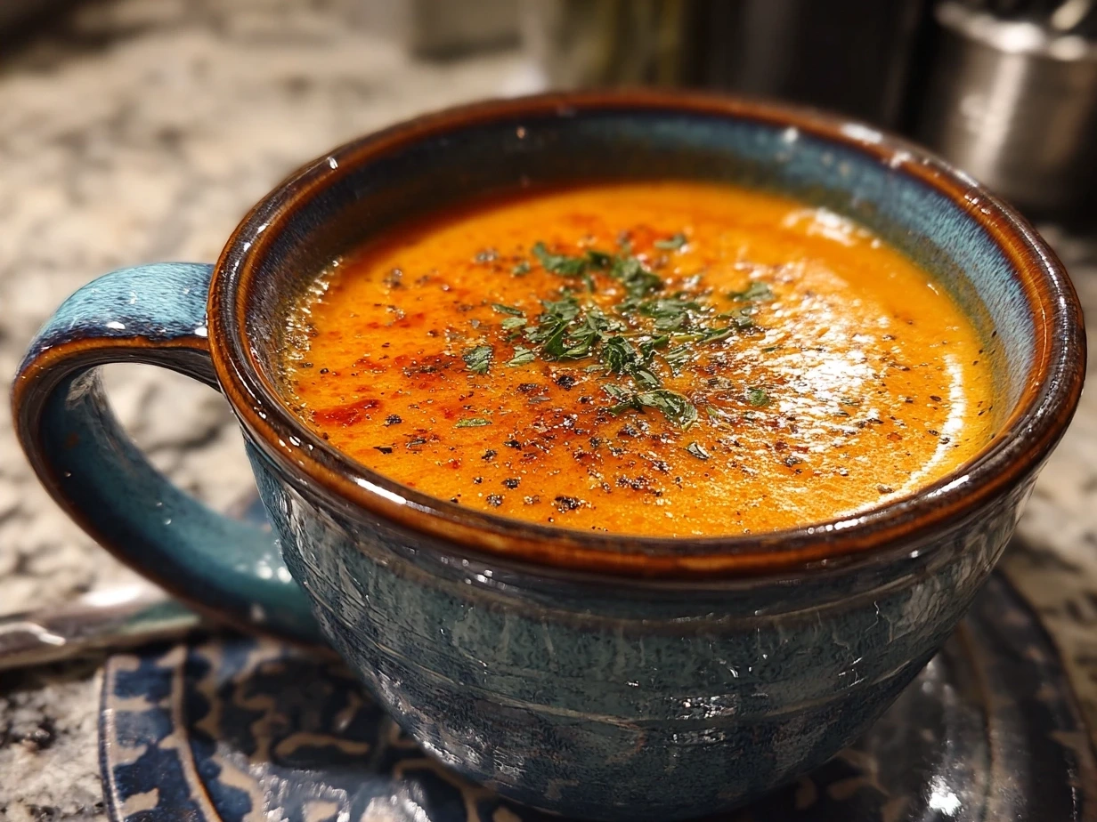 Final bowl of Roasted Red Pepper Gouda Soup garnished with fresh herbs and served with garlic bread