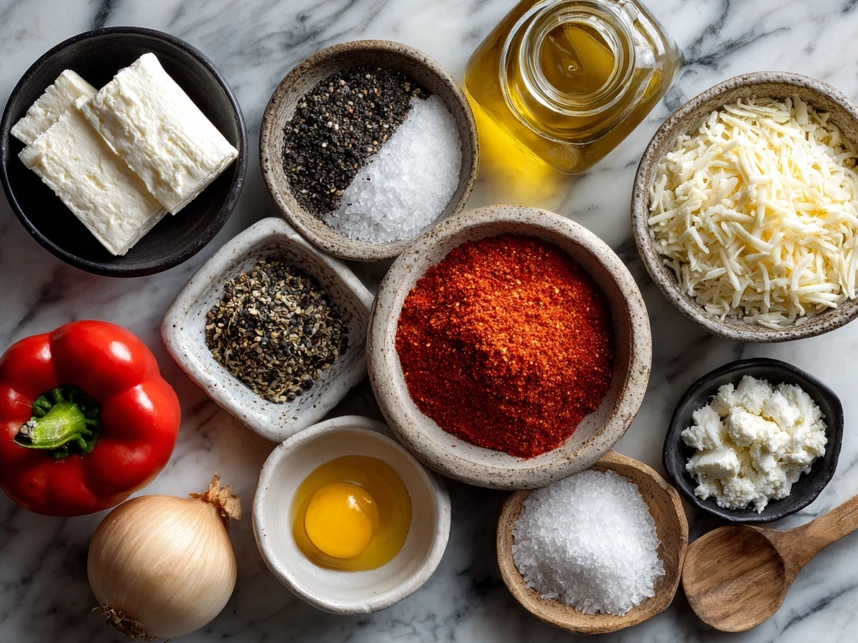Ingredients for Roasted Red Pepper Gouda Soup laid out including red bell peppers, gouda cheese, onions, garlic, and spices