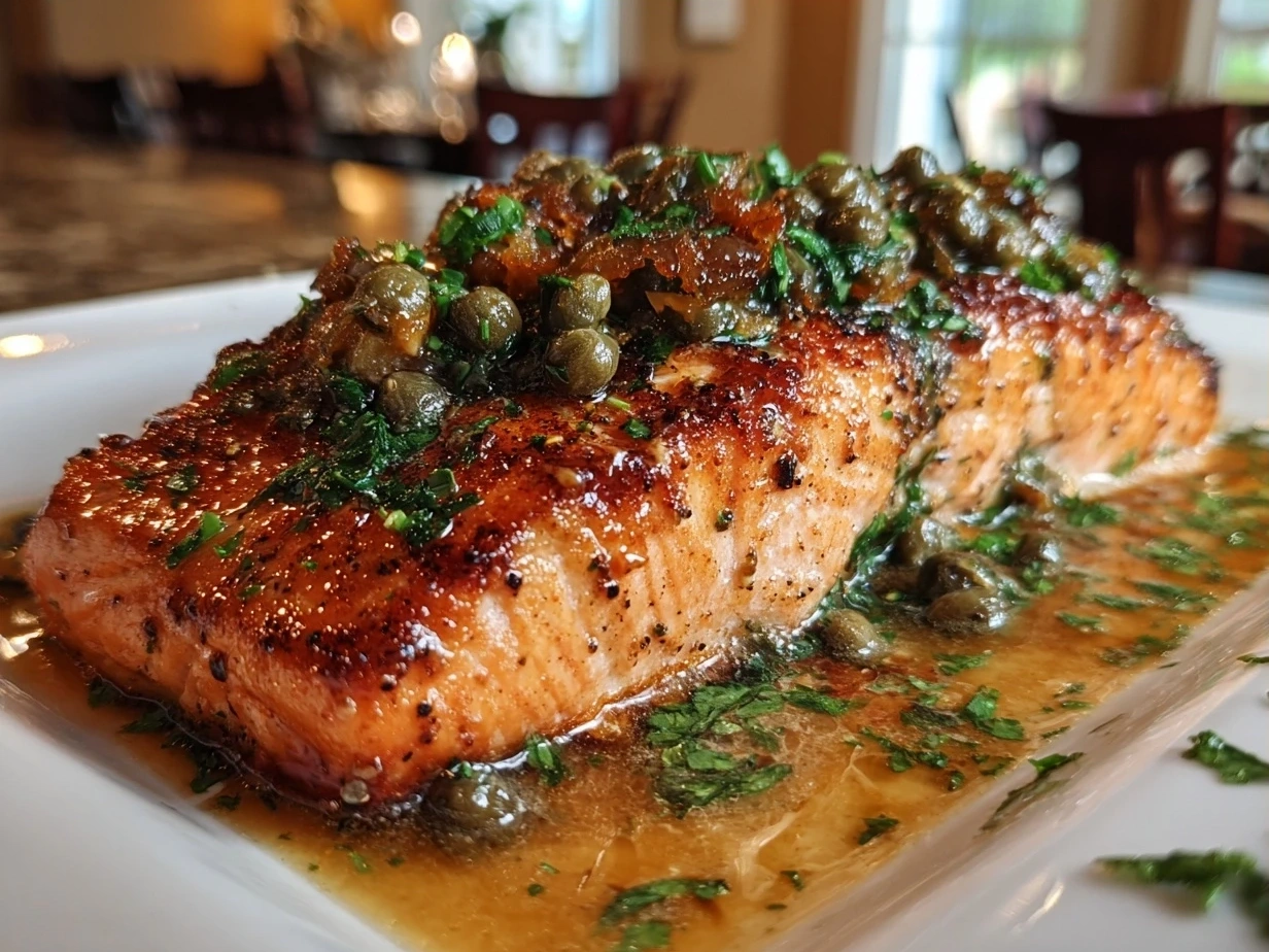 Finished plated Salmon Piccata garnished with lemon butter sauce, capers, and fresh parsley