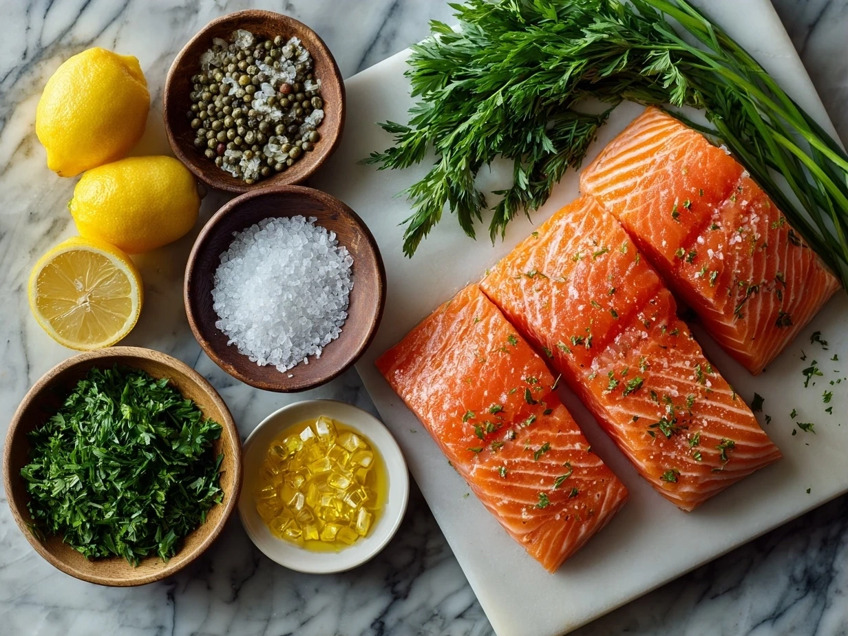Ingredients for making Salmon Piccata including fresh salmon fillets, lemon, capers, butter, and herbs