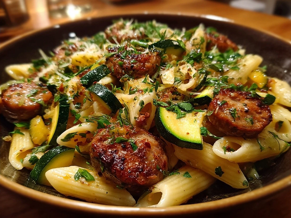A delicious serving of Sausage and Courgette Pasta garnished with fresh basil and Parmesan cheese
