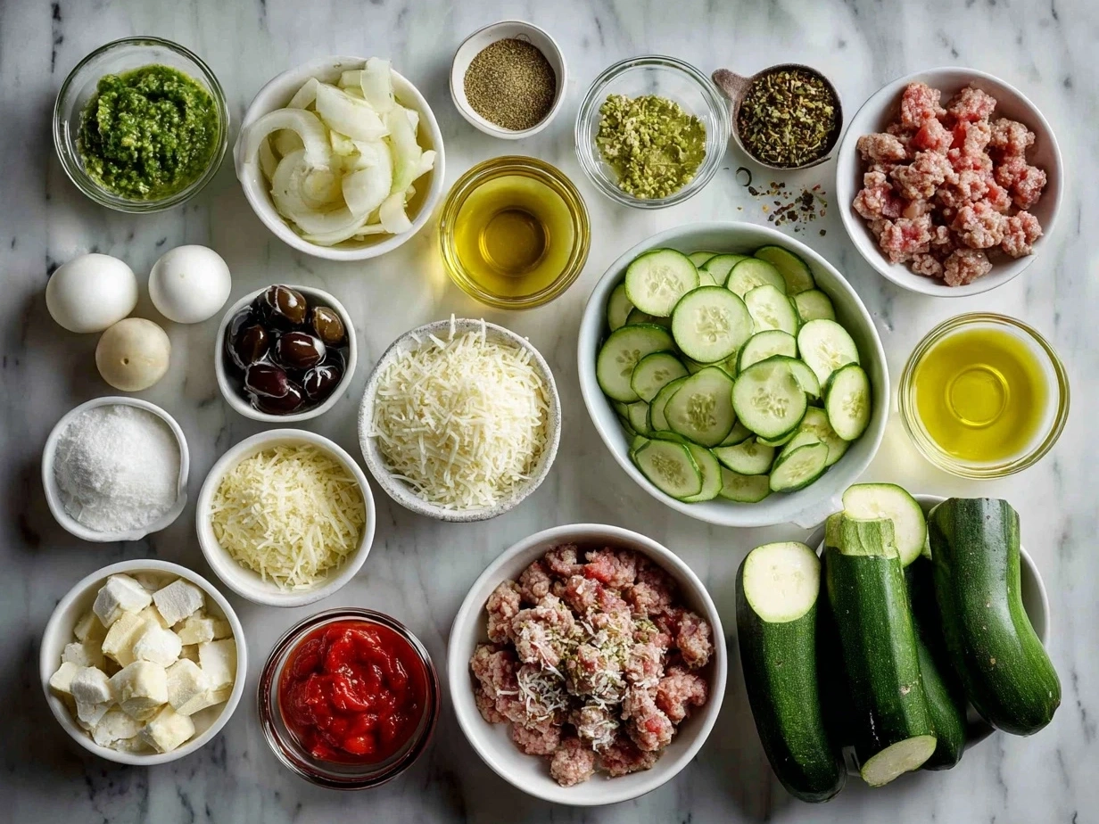 Ingredients for Sausage and Courgette Pasta including Italian sausage, courgettes, pasta, olive oil, onion, garlic, tomatoes, oregano, basil, salt, pepper, and Parmesan cheese