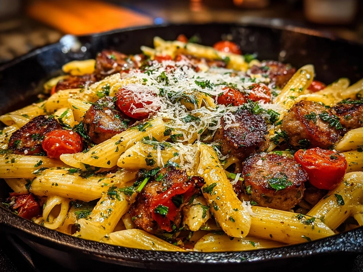 Serving of creamy sausage pasta garnished with fresh basil