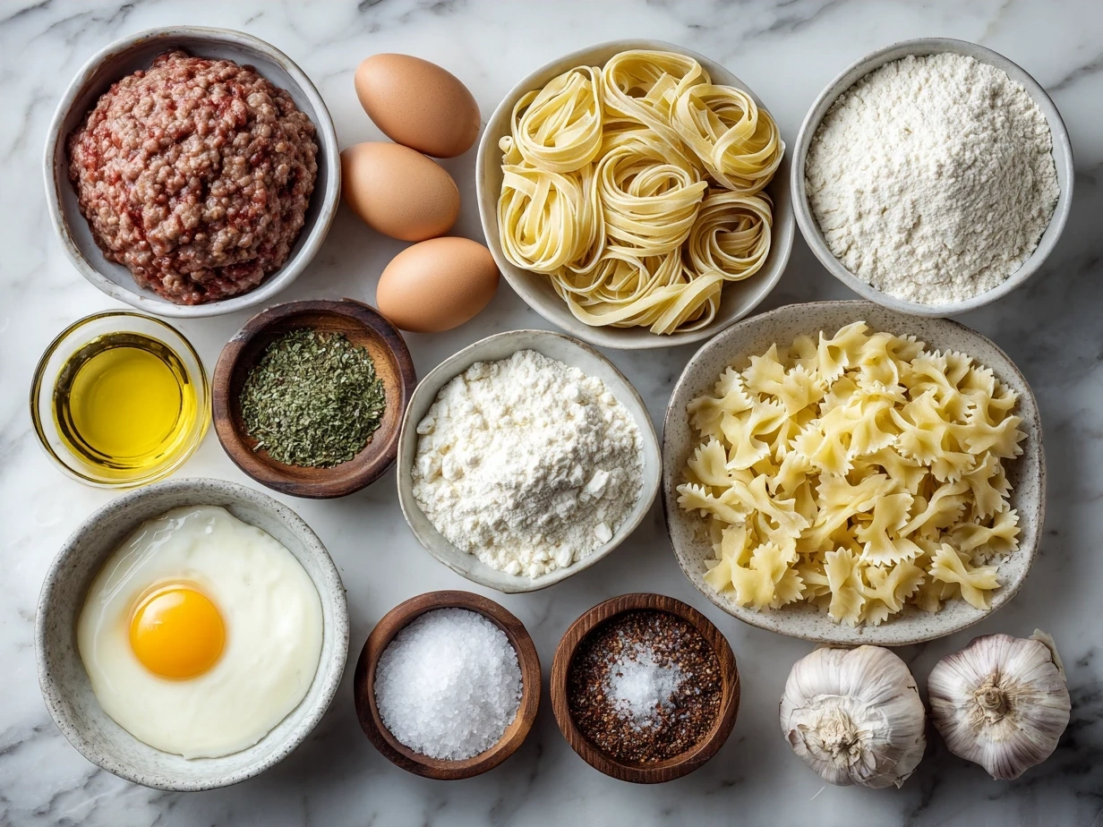 Ingredients for sausage pasta including Italian sausage, pasta, onion, garlic, diced tomatoes, cream, Parmesan cheese, olive oil, red pepper flakes, basil