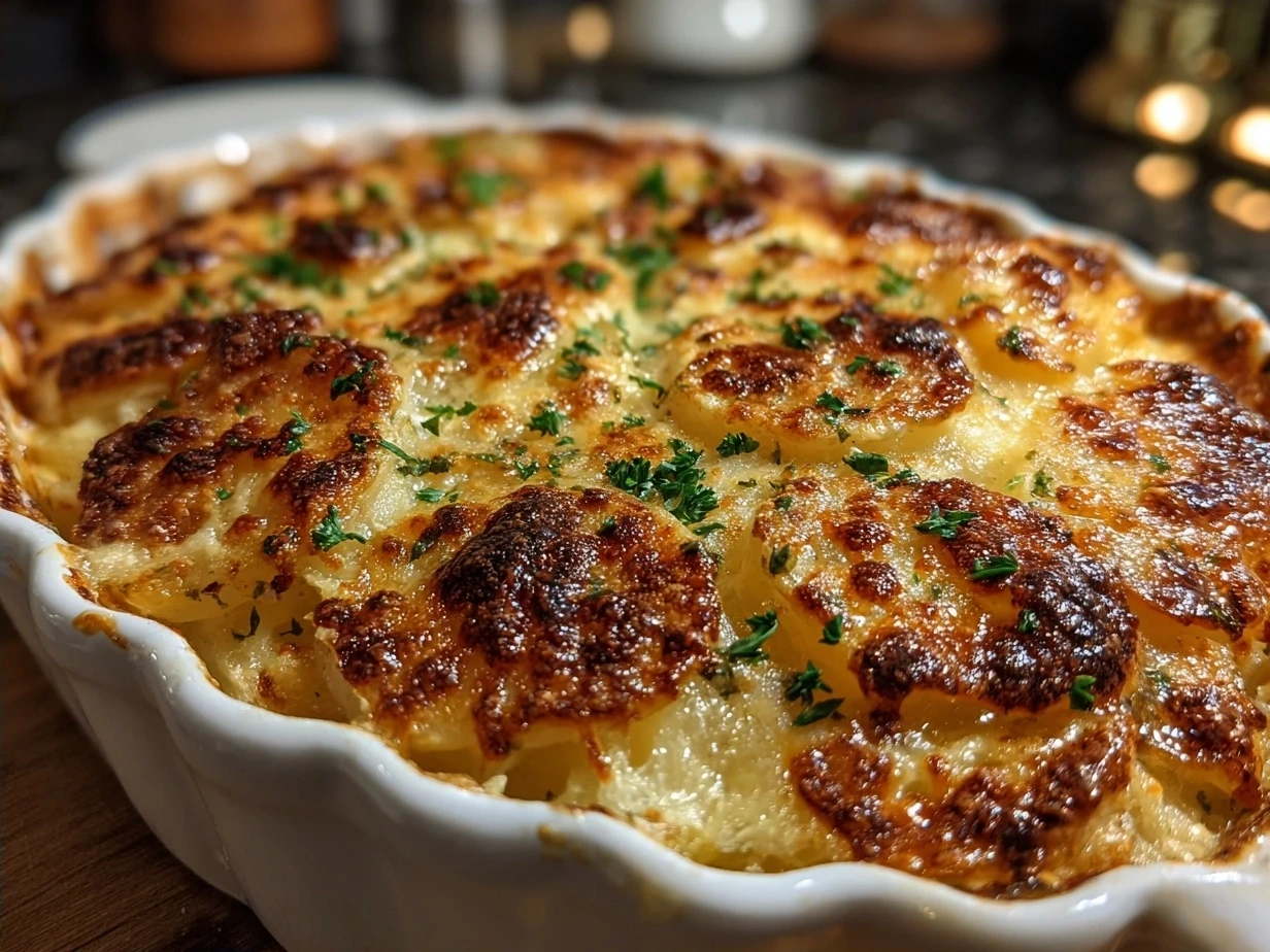 Final serving of creamy scalloped potatoes baked to perfection