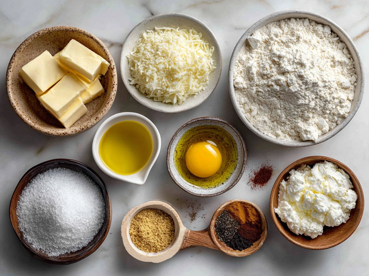 Ingredients for creamy scalloped potatoes recipe including potatoes, butter, cheese, and spices