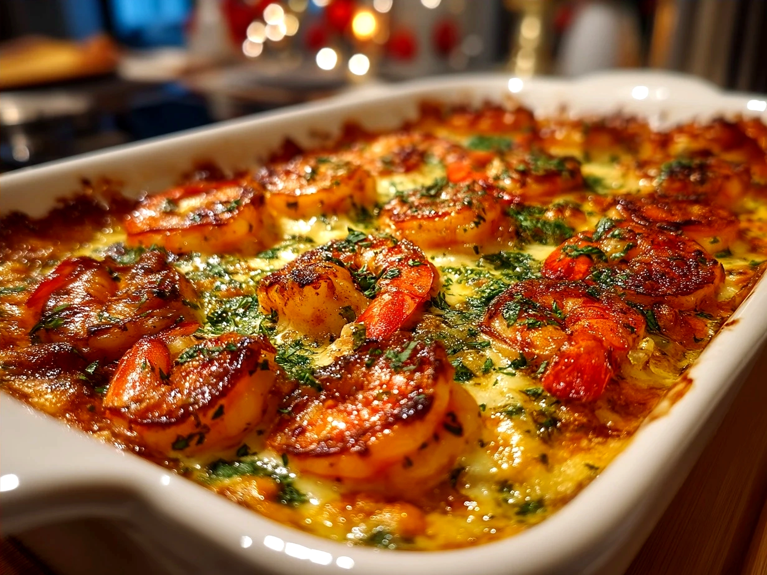 A golden, baked shrimp casserole served in a ceramic dish on a cozy kitchen table