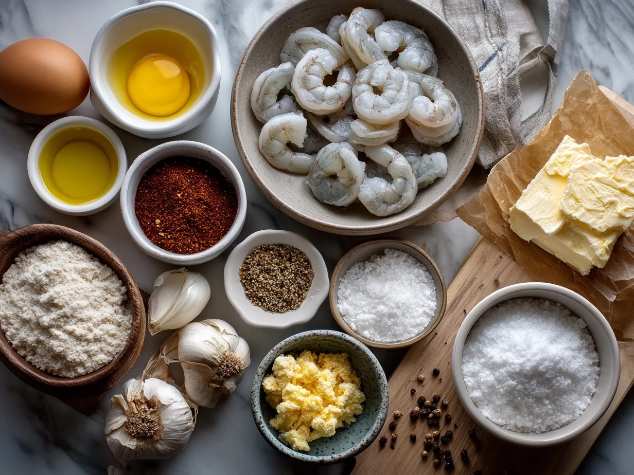 Ingredients for a creamy shrimp casserole laid out on a wooden table