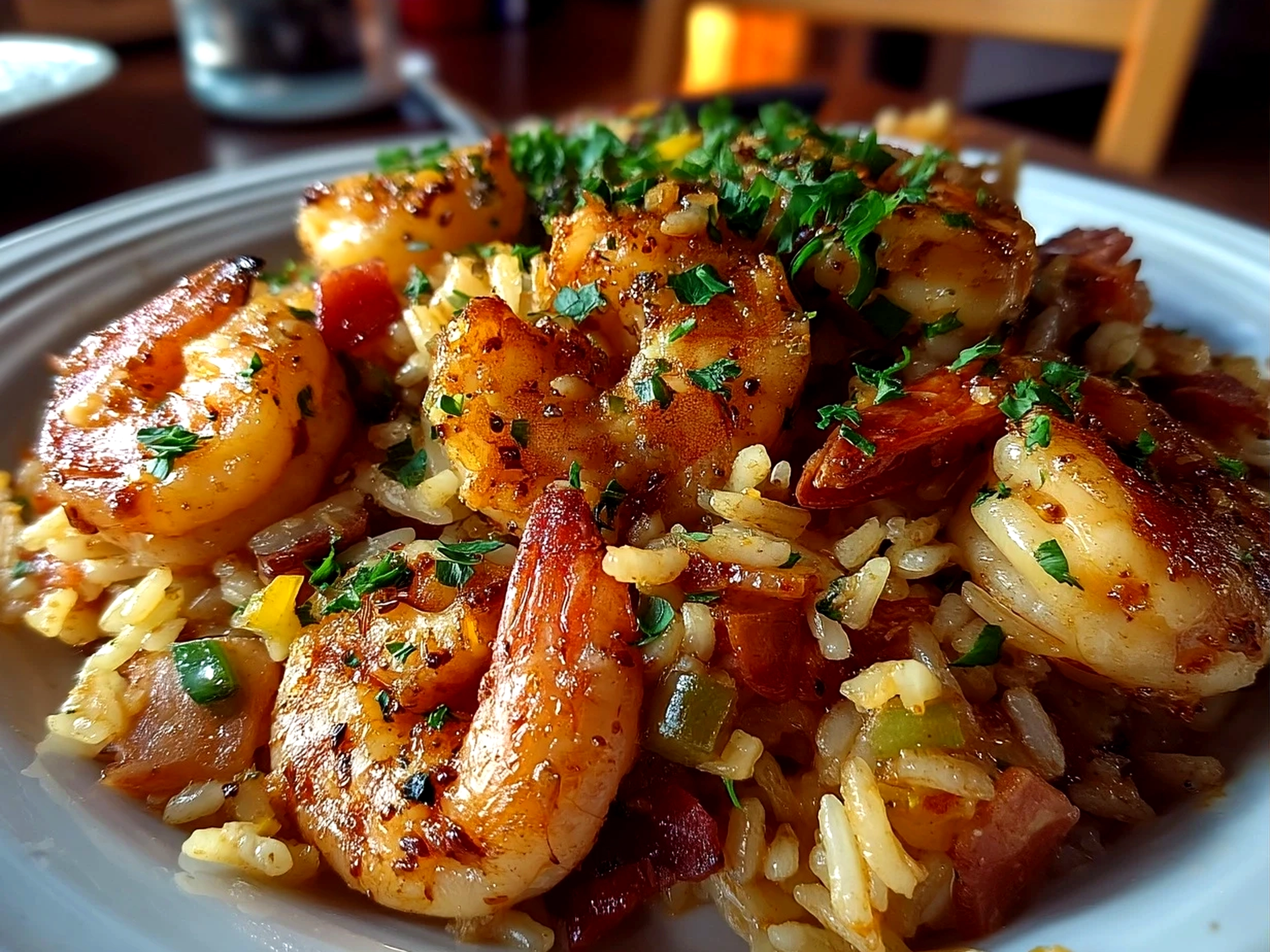 Serving of Shrimp Dirty Rice garnished with herbs and lemon wedge