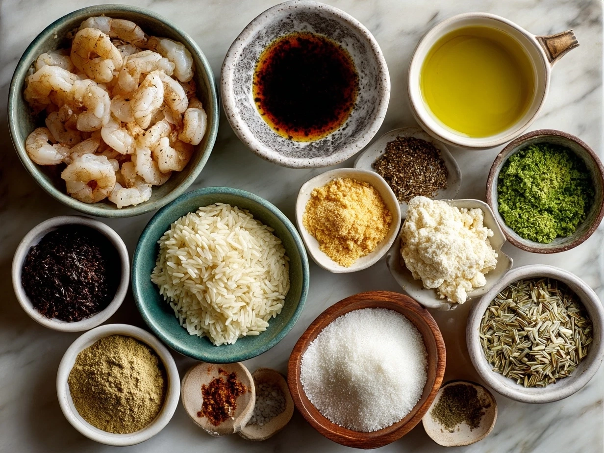 Ingredients for Shrimp Dirty Rice including shrimp, sausage, peppers, and spices