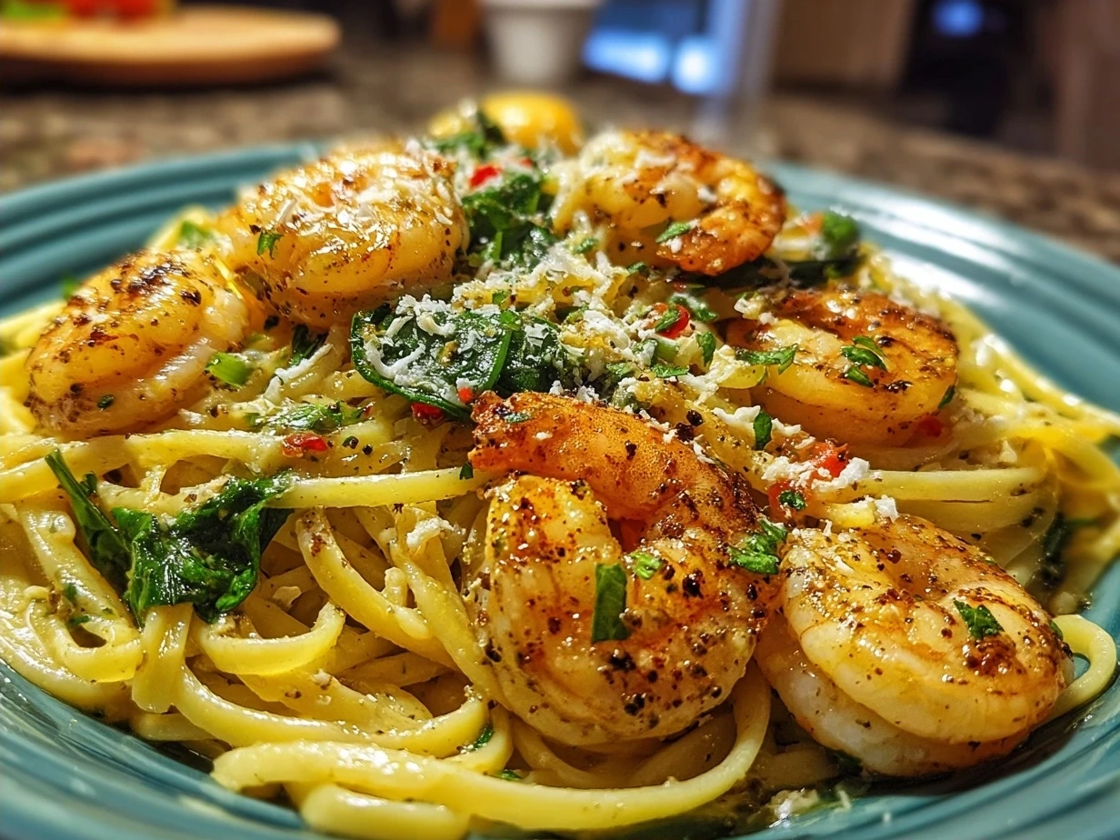 Final plated shrimp linguine recipe garnished with herbs and parmesan cheese