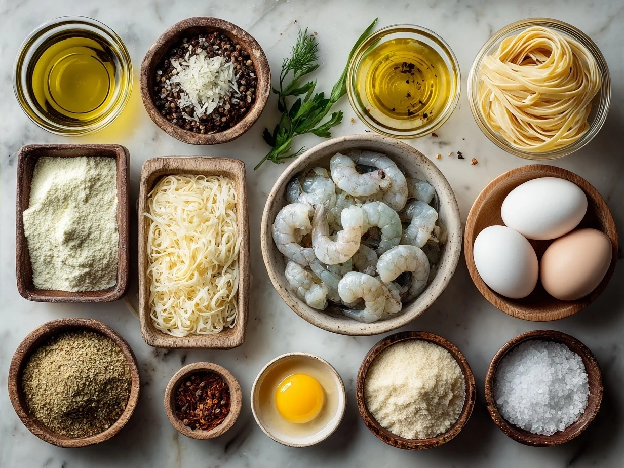 Ingredients for shrimp linguine recipe including shrimp, linguine, garlic, cream, butter, lemon, and Parmesan cheese