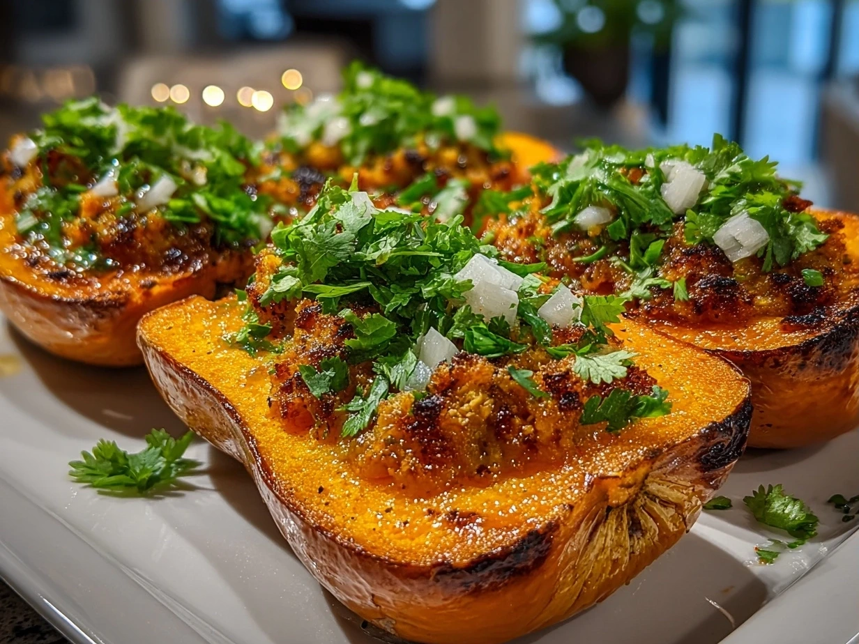 A beautifully plated Simanim Stuffed Butternut Squash garnished with fresh herbs and pomegranate seeds