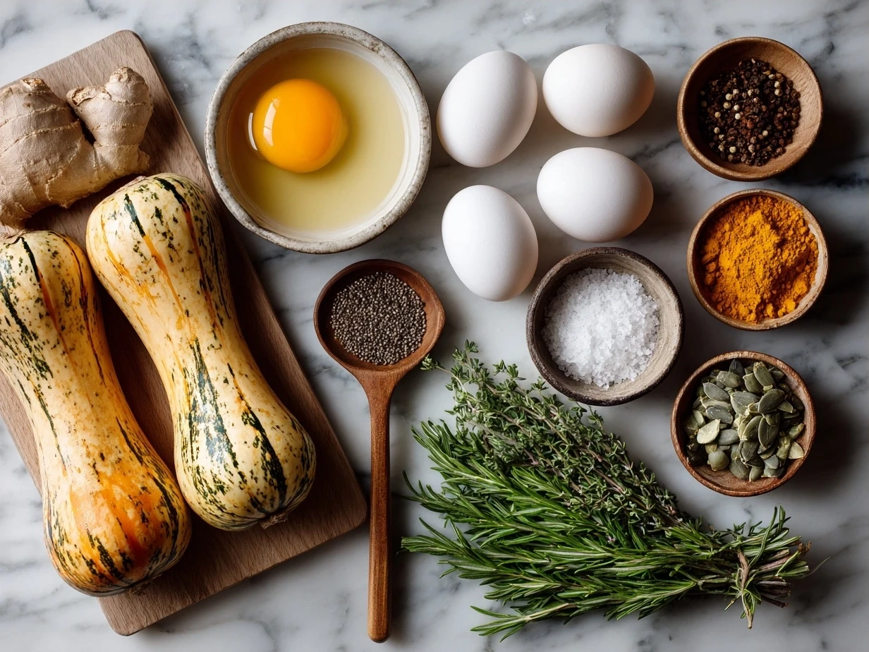 Ingredients for Simanim Stuffed Butternut Squash including butternut squashes, nuts, dried cranberries, apple, and spices