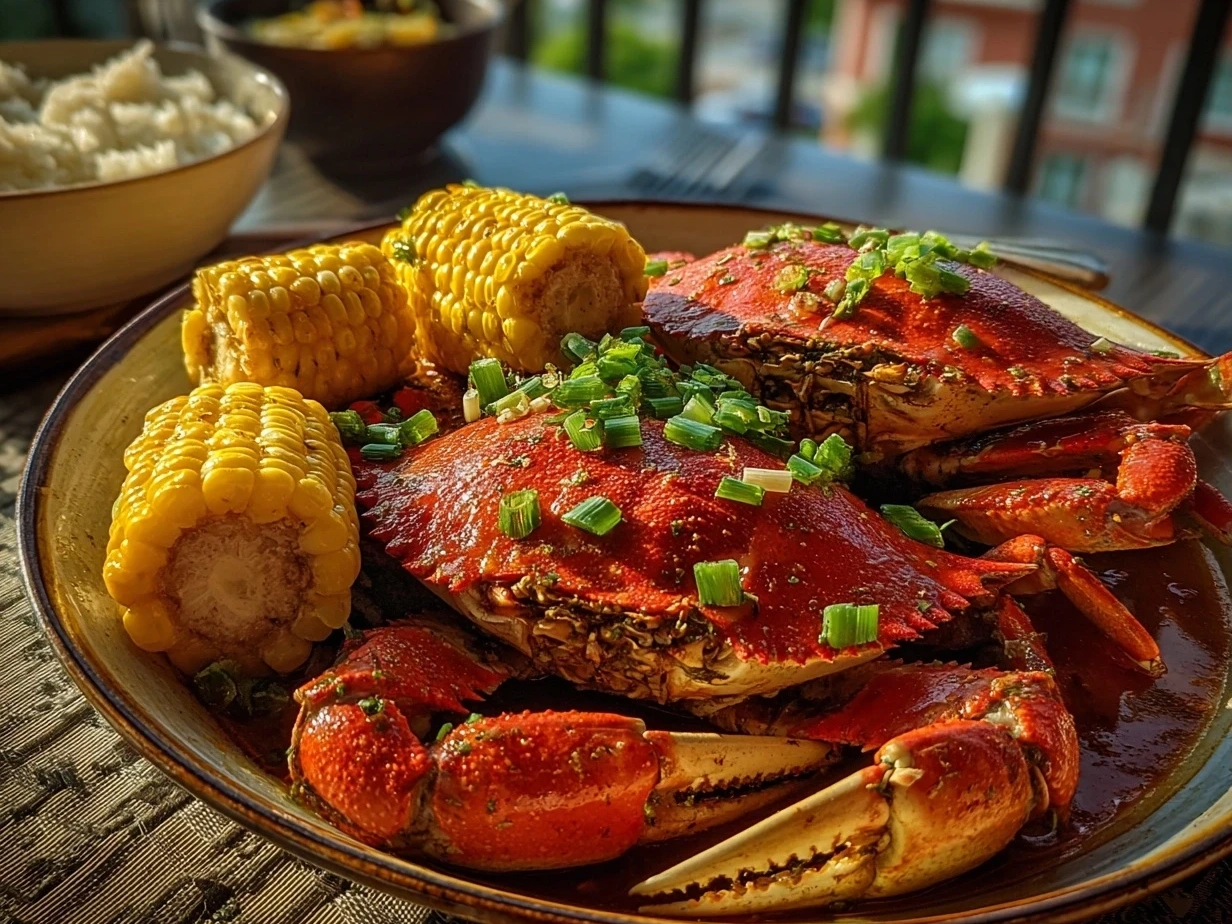 Slight angle close-up of a finished crab boil with crab legs, potatoes, corn, and buttery seasoning served on newspaper-lined table